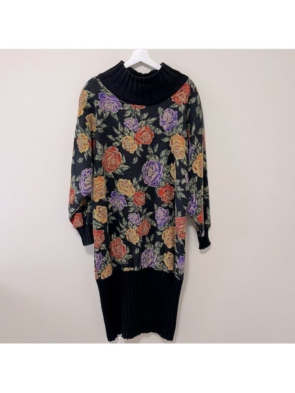 VINTAGE MADE IN ITALY KNIT WOOL MULTICOLOUR FLORAL MIDI DRESS